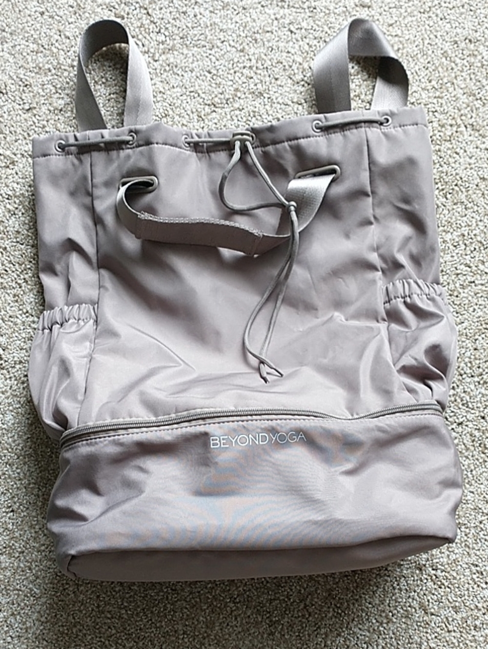 Beyond Yoga gray taupe logo tote with drawstring